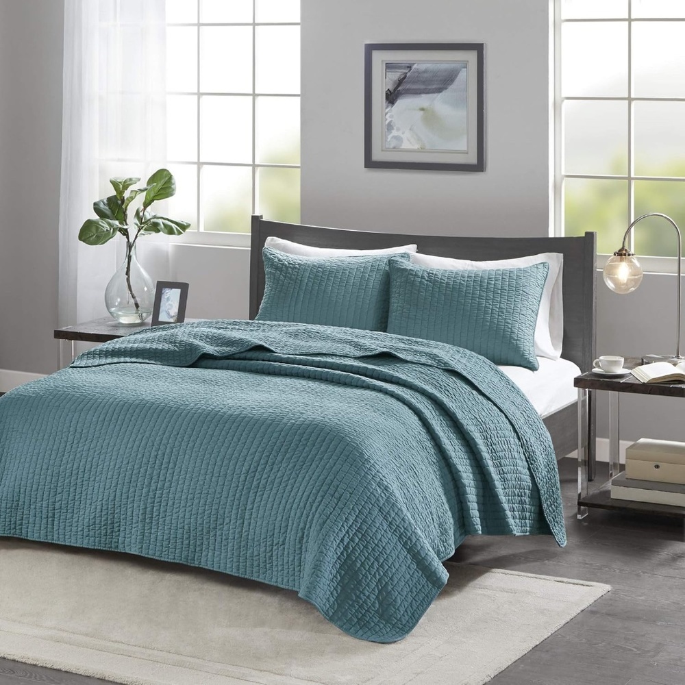 Madison Park 3pc Full/Queen Mitchell Reversible Coverlet Set Teal: Microfiber